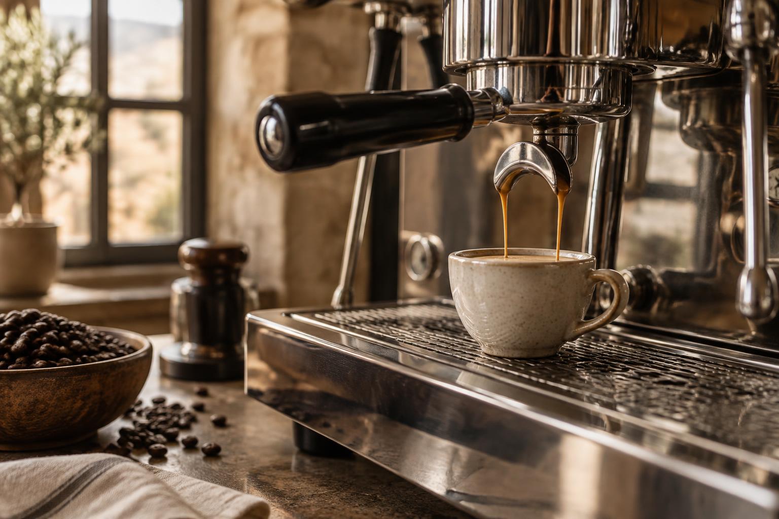 Espresso extraction at a professional coffee machine
